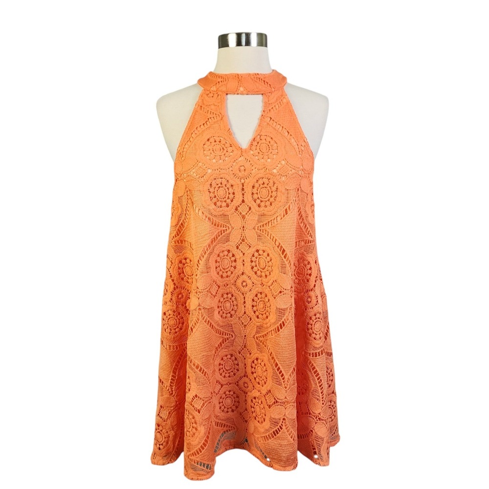 Judith March Womens Melon Trapeze Lace Halter Mini Dress Size Medium Orange
